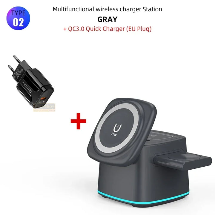 3-in-1 Magnetic Wireless Charger for Apple Devices - 15W Fast Charge