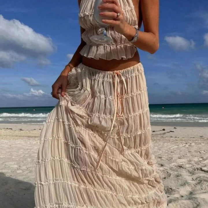 Backless Ruched Beach Set – Halter Top & Long Skirt Two-Piece Outfit