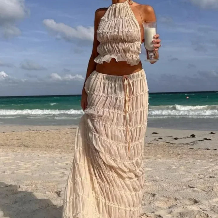 Backless Ruched Beach Set – Halter Top & Long Skirt Two-Piece Outfit